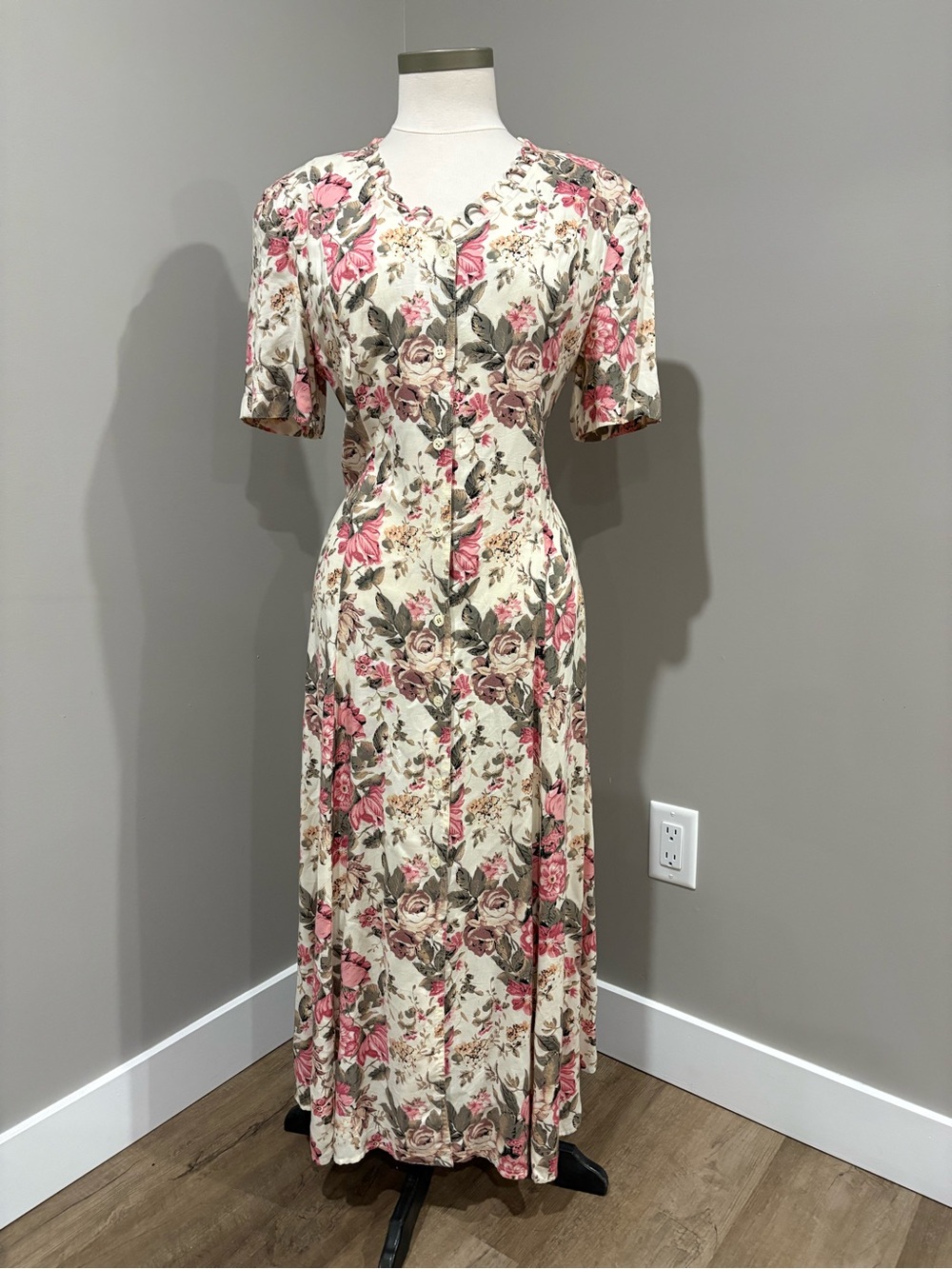 Vintage Cream Maxi Dress with Pink & Green Floral Print with corset back